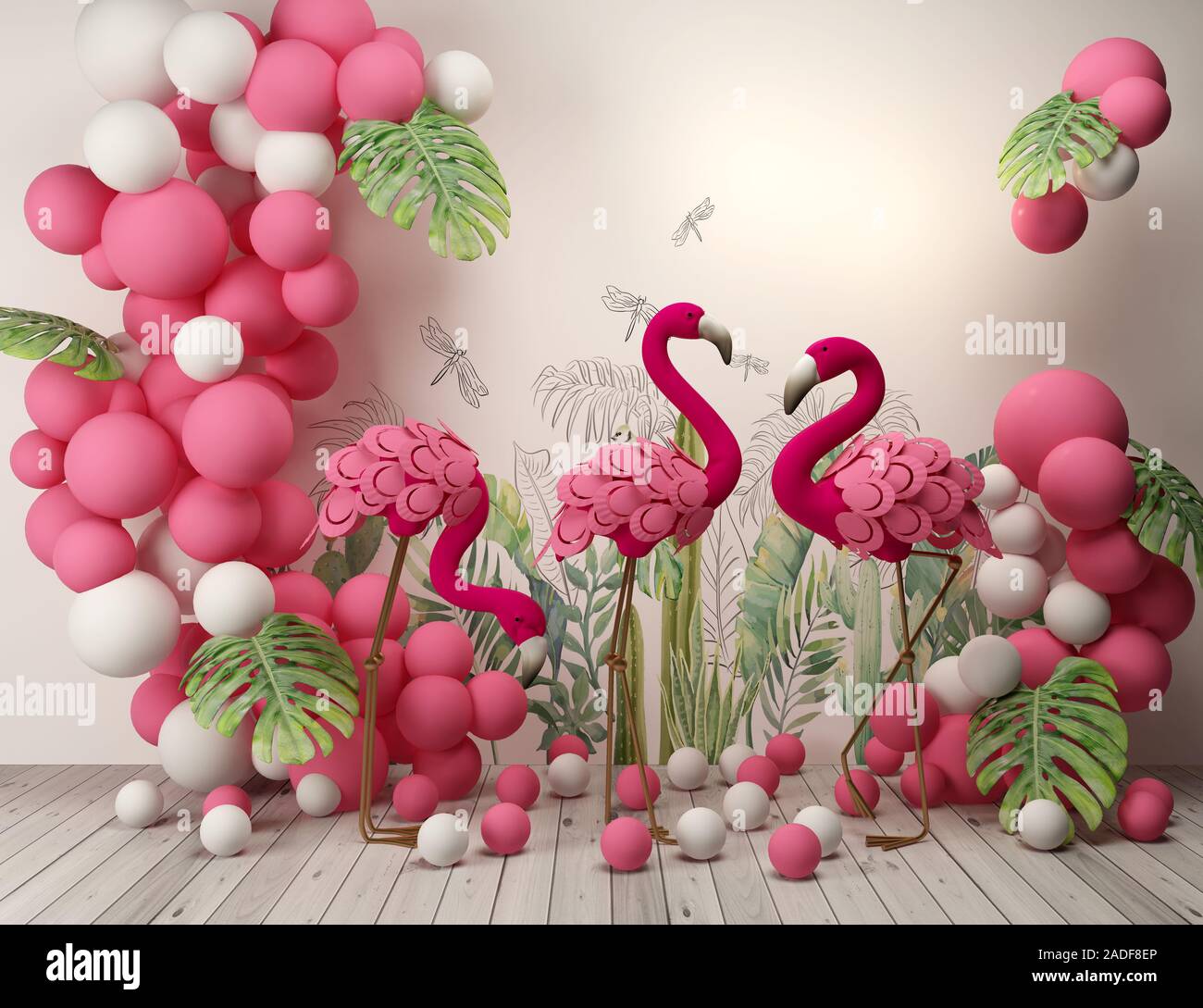 3d render of pink balloons with love decor Stock Photo
