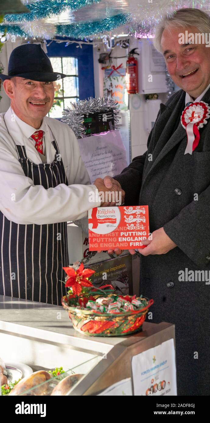 Ongar, Essex UK 4th Nov.2019  General Election 2019 Robin Tilbrook, Chairman and Leader of the English Democrats party and Parliamentary candidate  for the Brentwood and Ongar constituency, campaigns in Ongar High Street, Essex, UK. Credit Ian DavidsonAlamy Live News Stock Photo