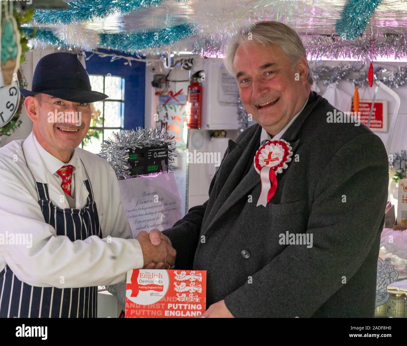Ongar, Essex UK 4th Nov.2019  General Election 2019 Robin Tilbrook, Chairman and Leader of the English Democrats party and Parliamentary candidate  for the Brentwood and Ongar constituency, campaigns in Ongar High Street, Essex, UK. Credit Ian DavidsonAlamy Live News Stock Photo