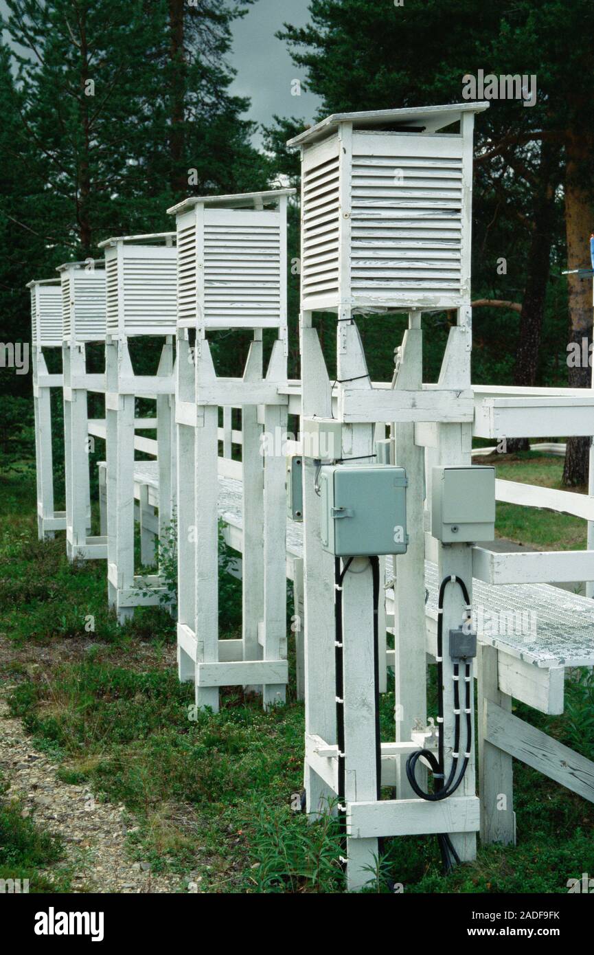 Stevenson screens at a meteorological measuring station. The screens