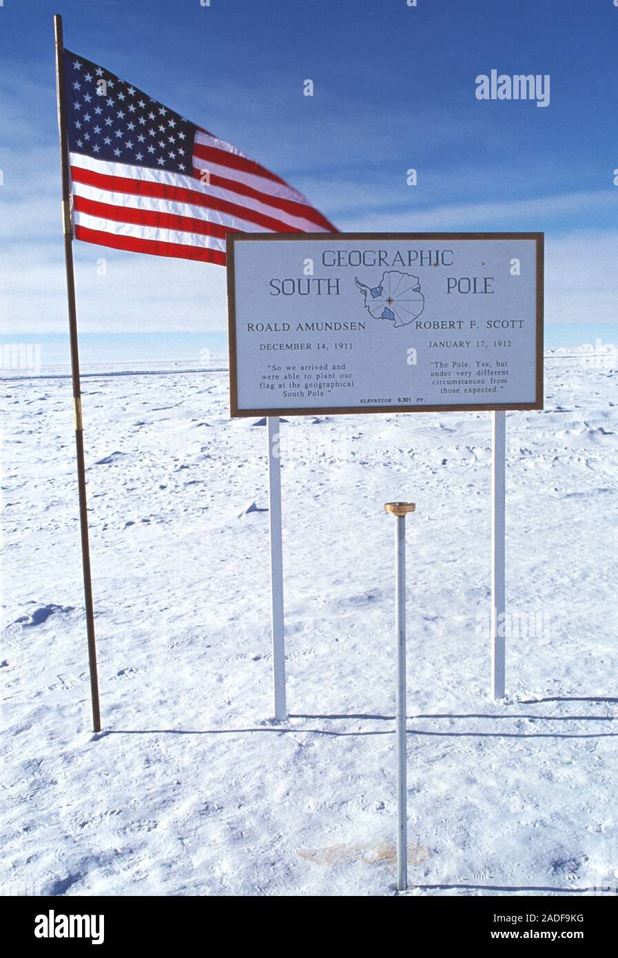 Geographic South Pole. Sign showing the position of the geographic