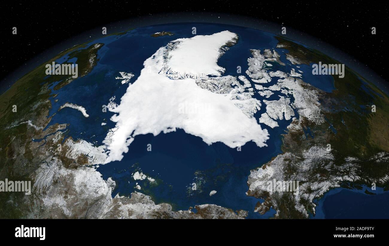 Arctic ice minimum extent 2007 Satellite image showing the Arctic