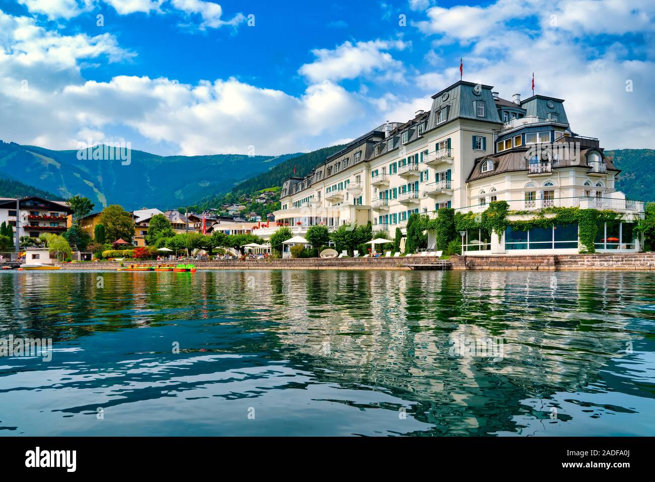 Beautiful view from the lake to the promenade of Zell am See, Austria Stock Photo