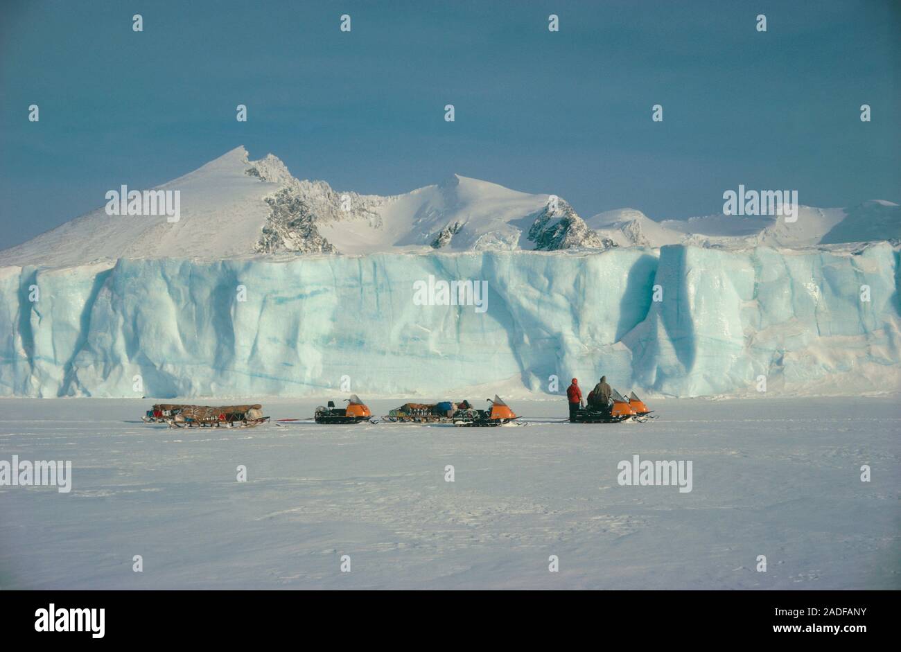 Photograph showing ice cliffs of glacier snout Nautilus Head, Pourquoi Pas Island, Antarctic Peninsula. The glacier of a coastal island such as this f Stock Photo