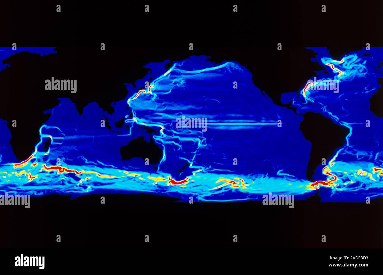 Computer model of ocean currents. Velocity map of ocean waters, derived ...