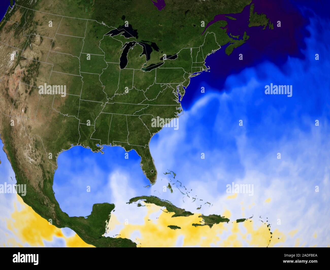 Gulf temperature. Satellite image of the east coast of North America (green, upper left