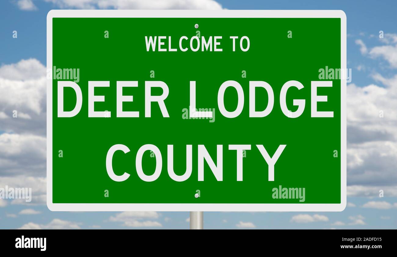 Rendering of a 3d green highway sign for Deer Lodge County Stock Photo