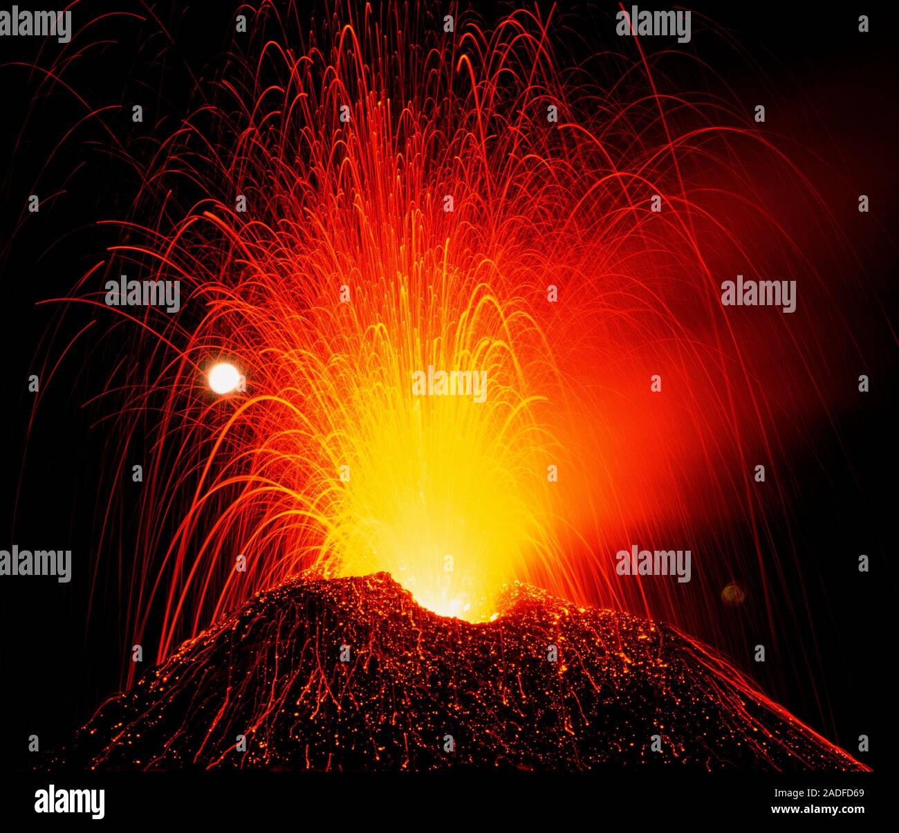 Mount Etna erupting. View of a night eruption of the volcano Mount Etna