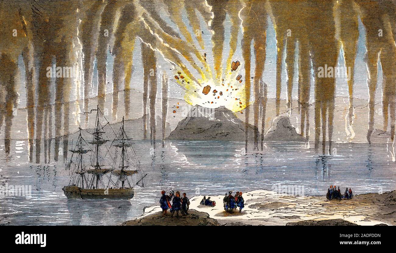 Santorini eruption. Historical artwork depicting a volcanic eruption by