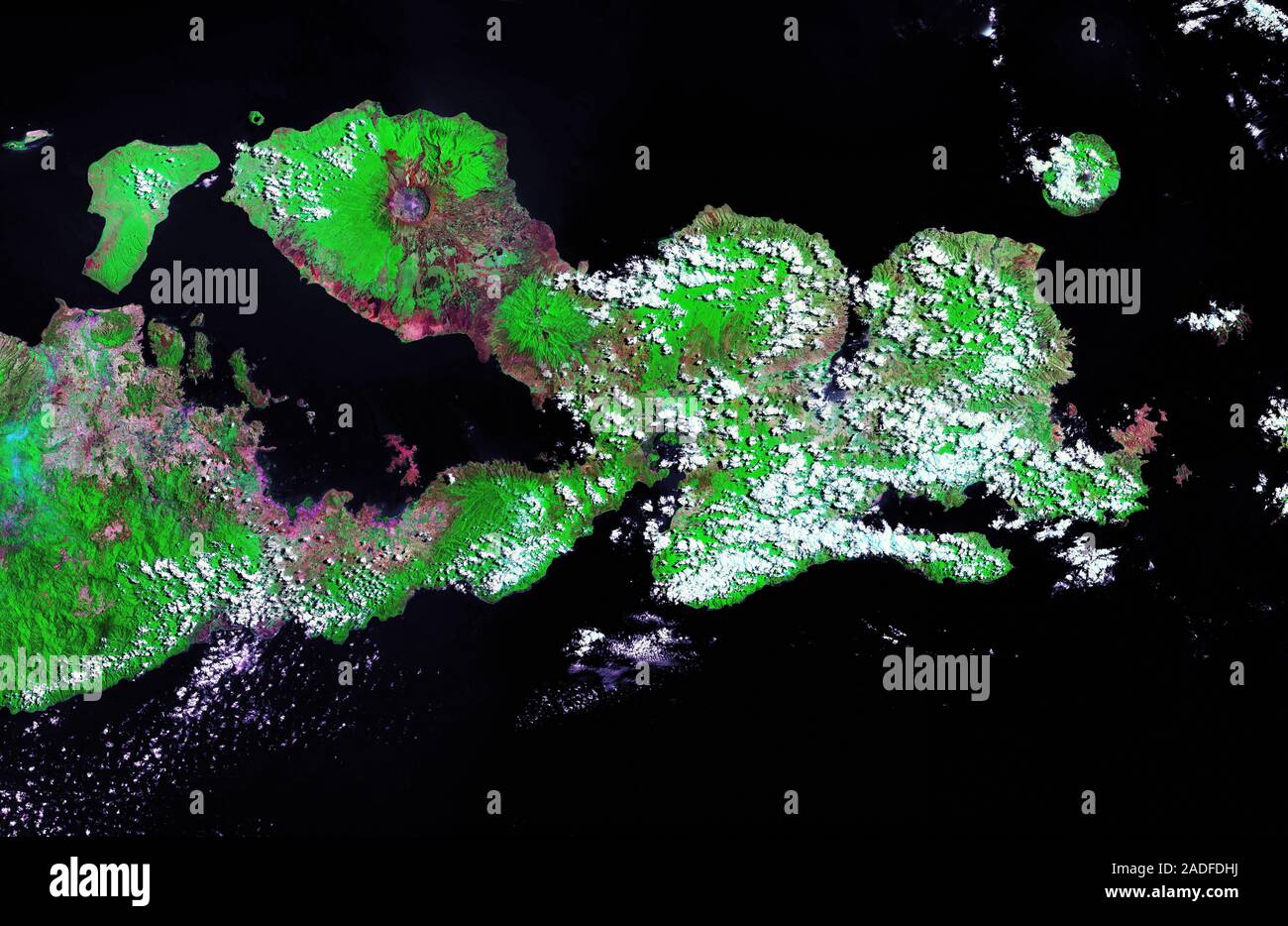 Mount Tambora. Landsat 7 satellite image in infrared and visible light