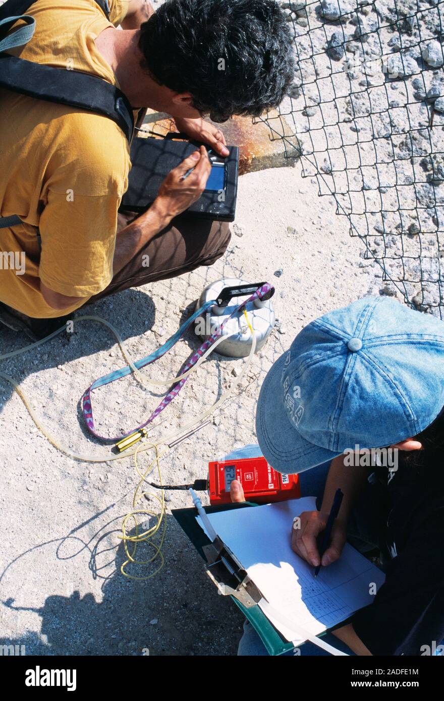 Volcanic Measuring Measuring volcanic gas. Vulcanologists measuring levels of carbon ...