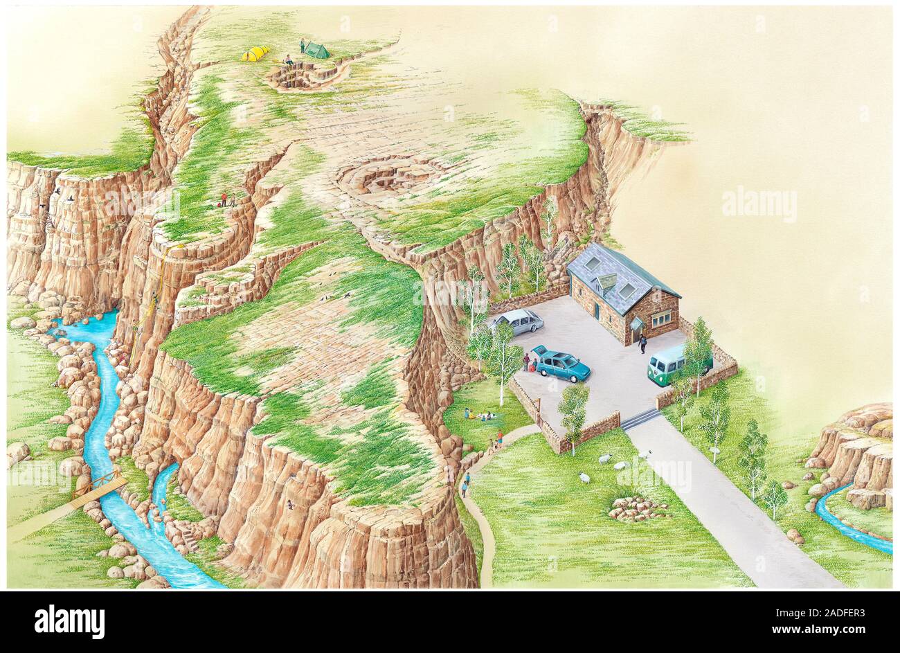 Karst terrain. Artwork of surface features that occur in a typical