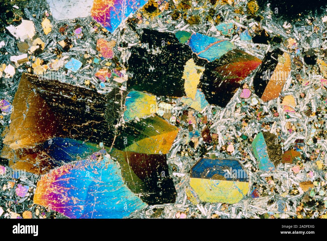 Cross polarised light micrograph of a thin section of igneous rock