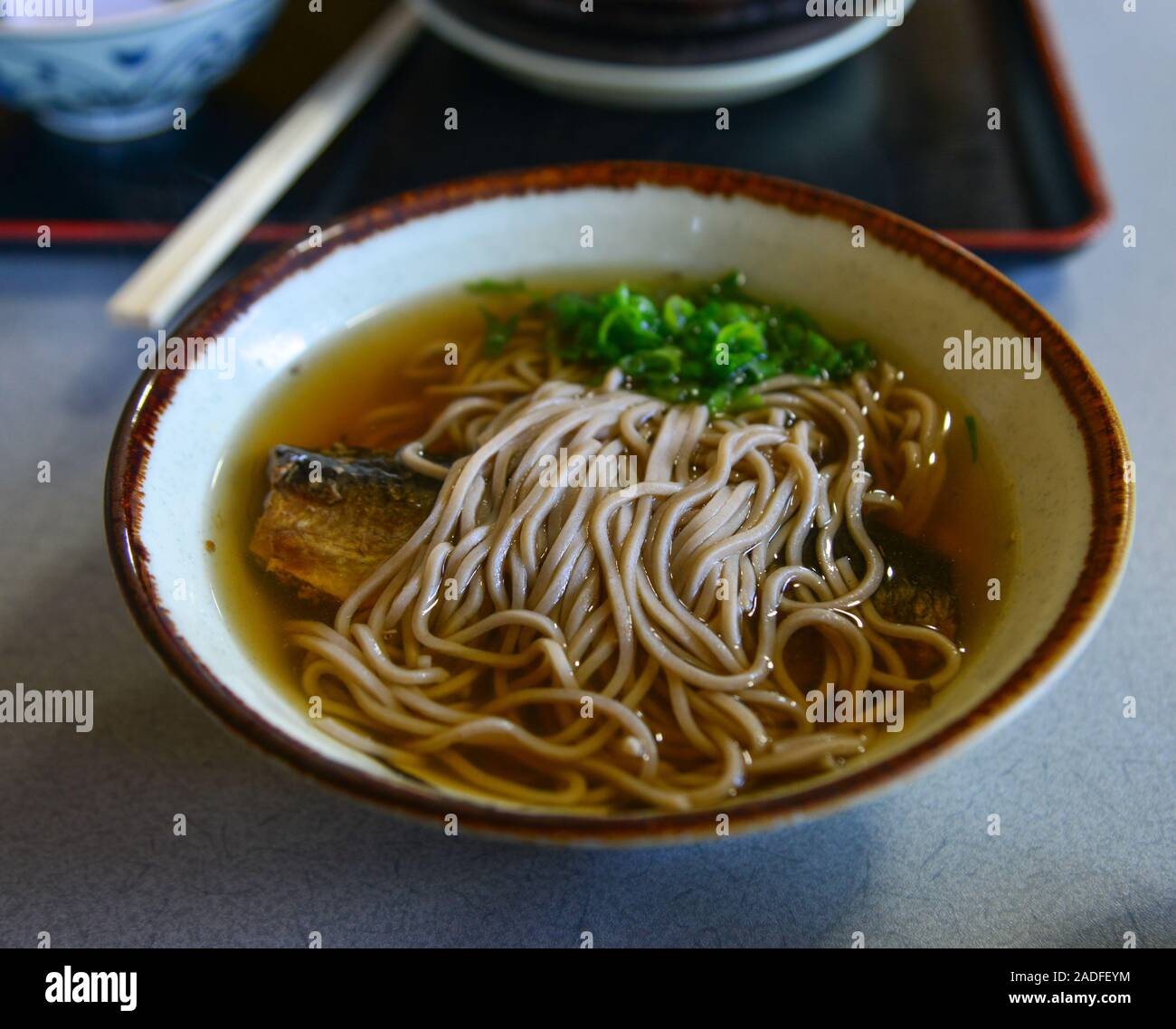 Soba noodle with fried fish for lunch at local restaurant in Kyoto