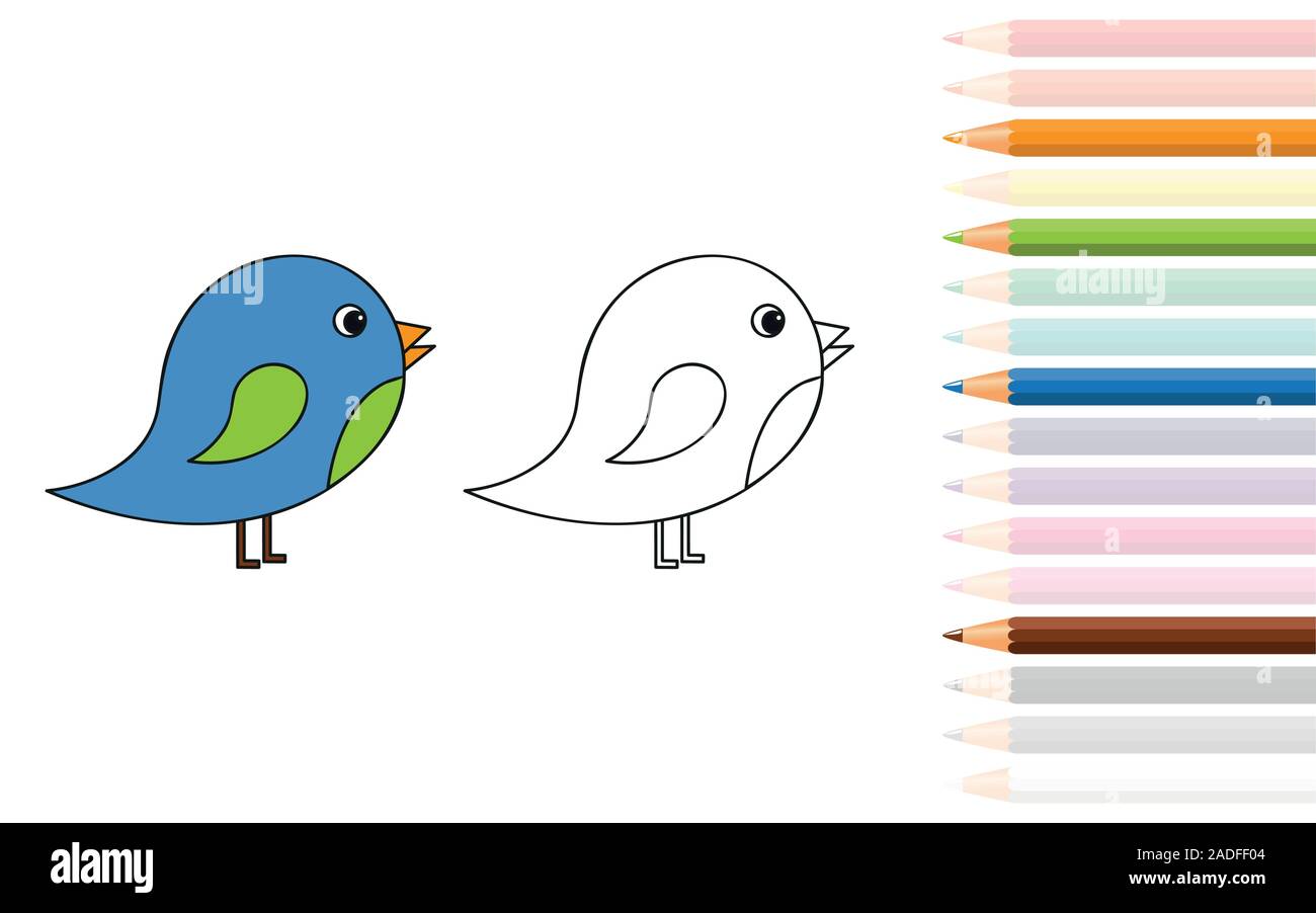 cute little bird for coloring book with pencils vector illustration EPS10 Stock Vector