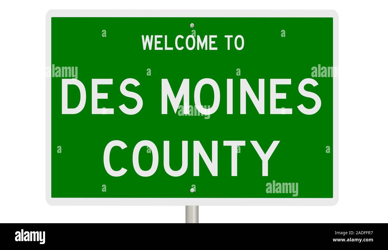 Rendering of a 3d green highway sign for Des Moines County Stock Photo
