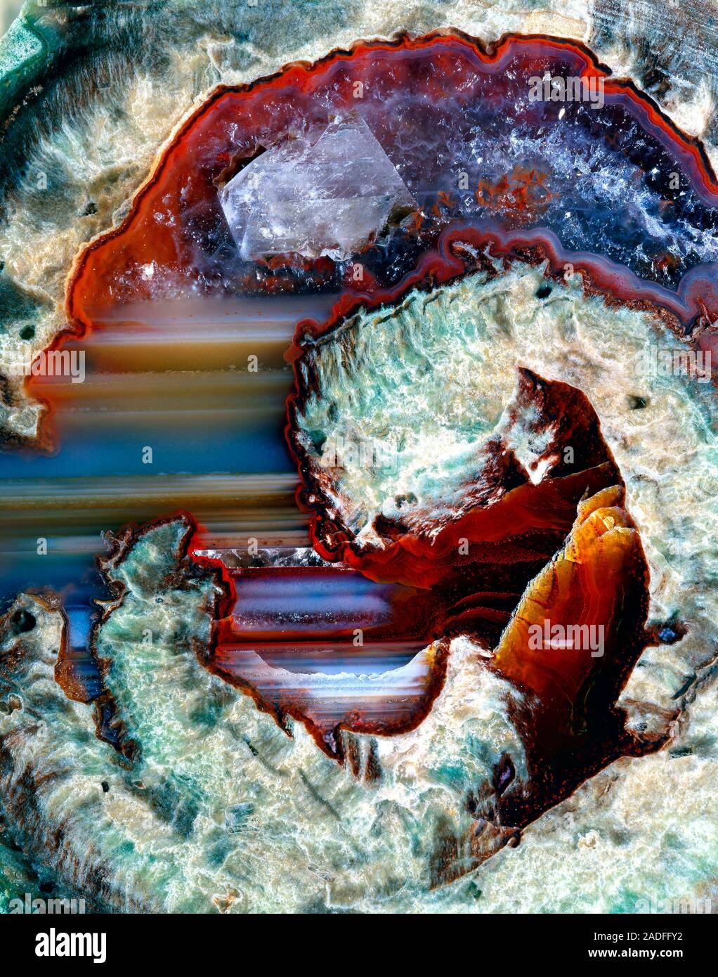 Rhyolitic geode. Cut surface of a geode displaying the host rock ...