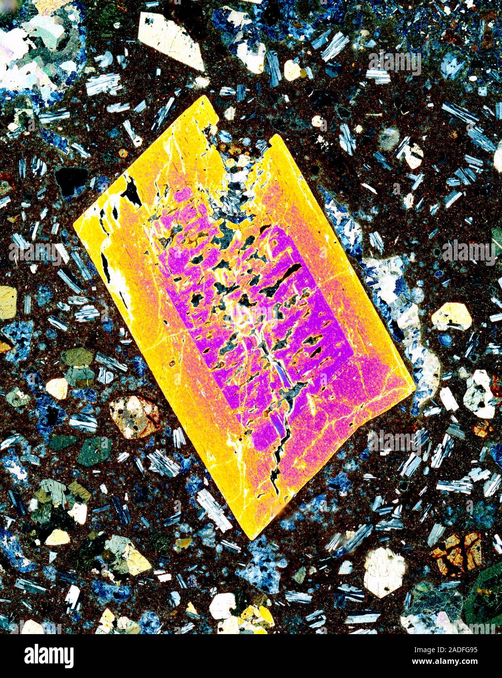 Pyroxene crystal. Close-up of a thin section through a pyroxene crystal ...