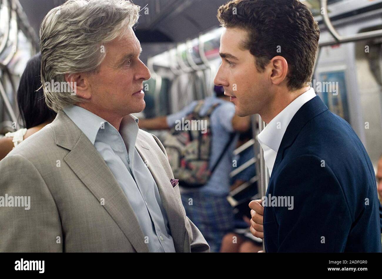 WALL STREET: MONEY NEVER SLEEPS 2010 film with Michael Douglas at left and Shia LaBeouf Stock Photo