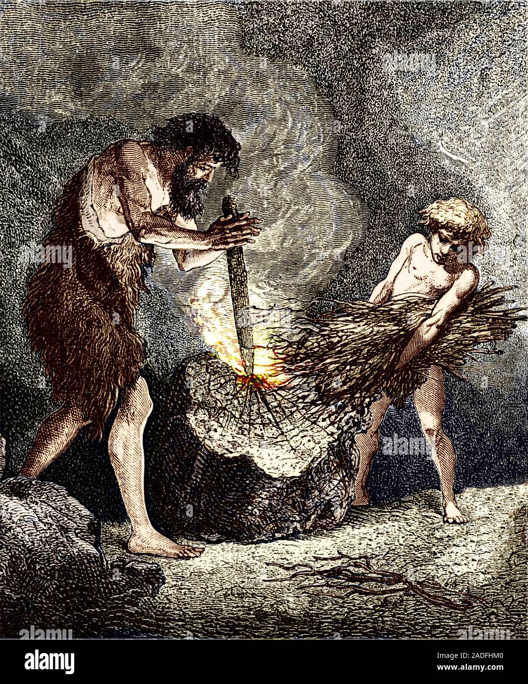 Early Humans Invented Fire Early humans making fire. Coloured artwork of a method of making fire ...