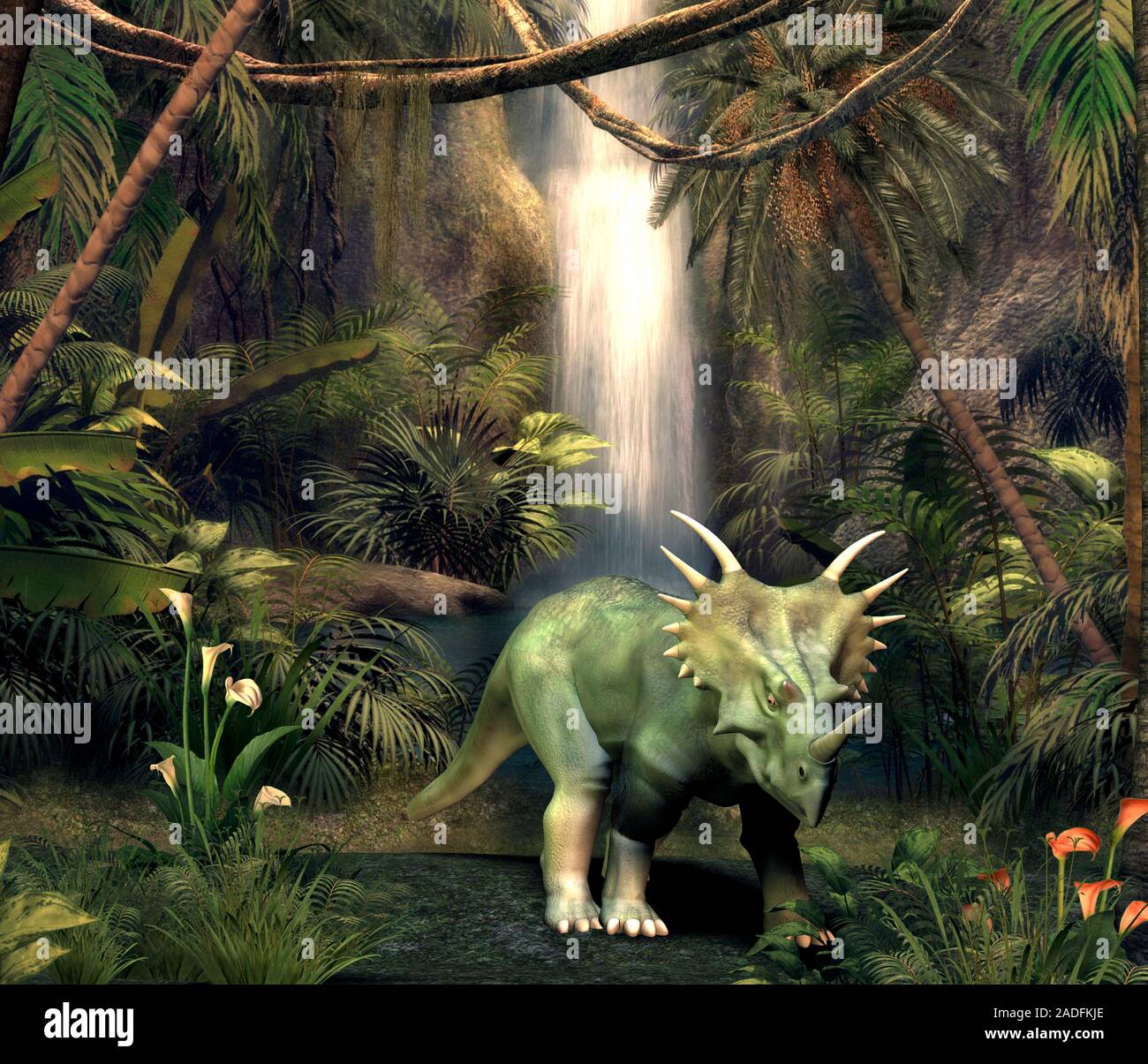Styracosaurus dinosaur in a forest clearing, artwork. This beaked