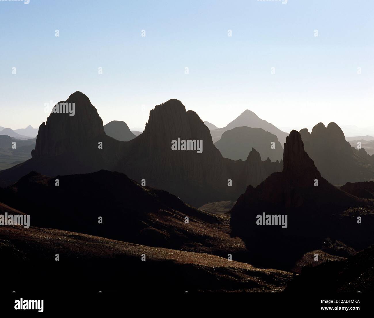 Hoggar mountains at dawn. This mountain range is a complex of volcanic ...