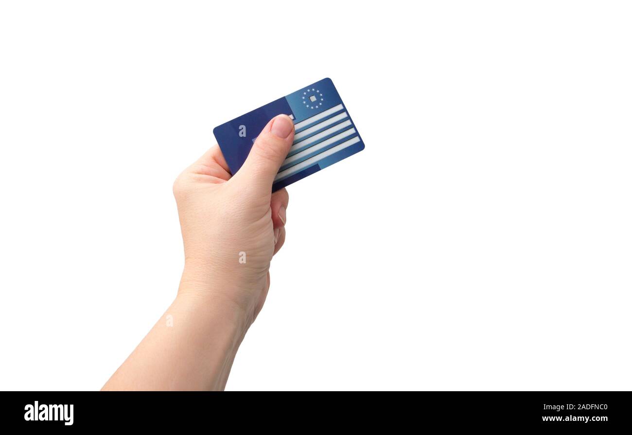 Selective focus on person hand holding blank European Health Insurance Card, isolated on white background. Seeking medical help in foreign country c Stock Photo