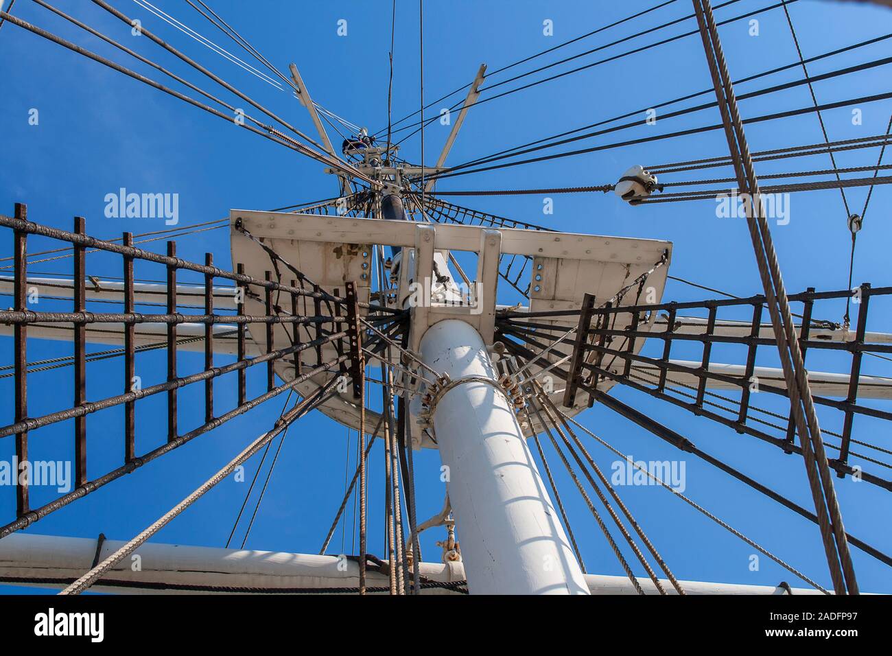 Masts, rigging and yardarms of 19th century sailing ship, Old Mystic Seaport, Connecticut Stock Photo