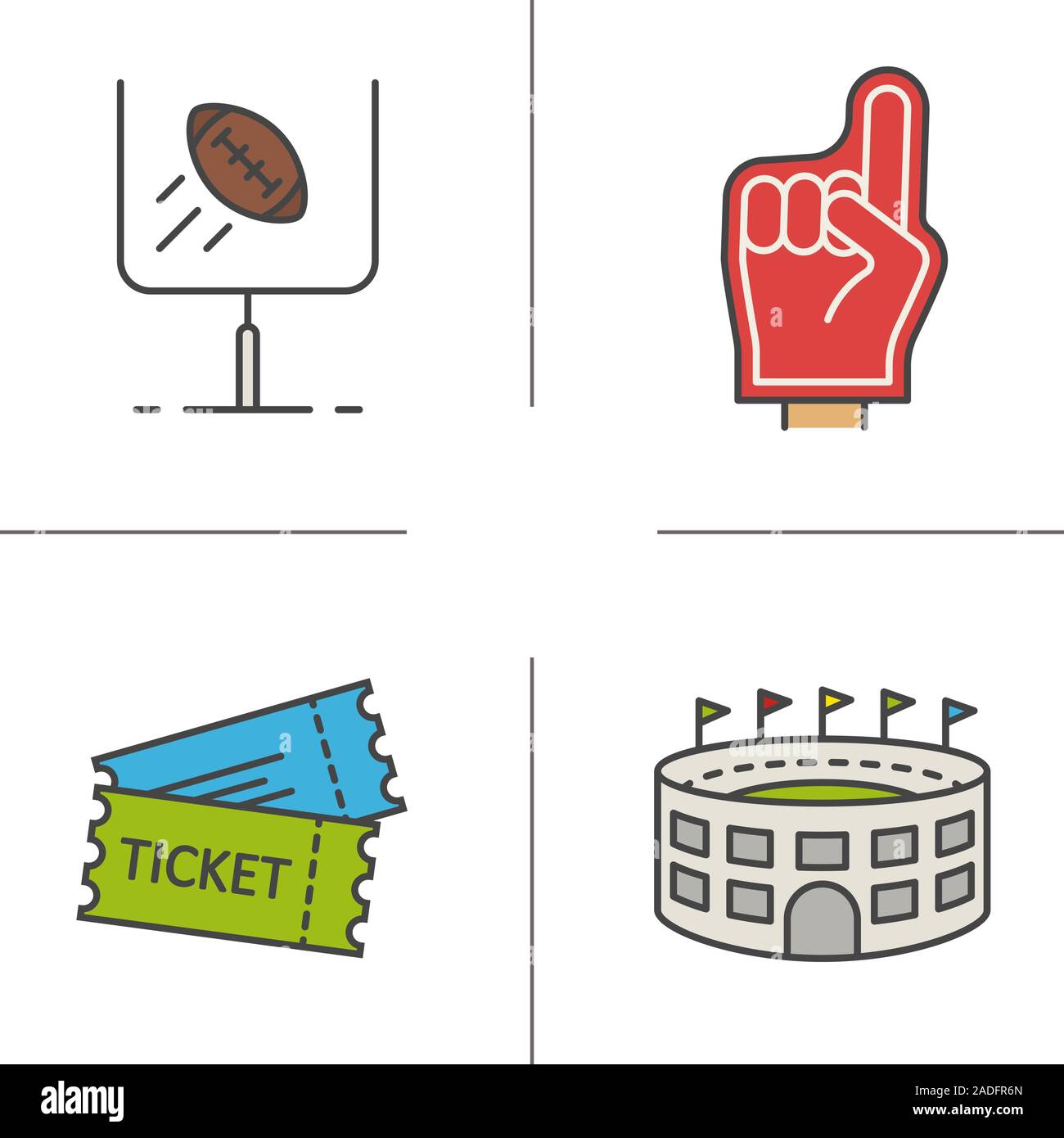 American football color icons set. Red foam finger, game tickets, baseball arena, goal sign