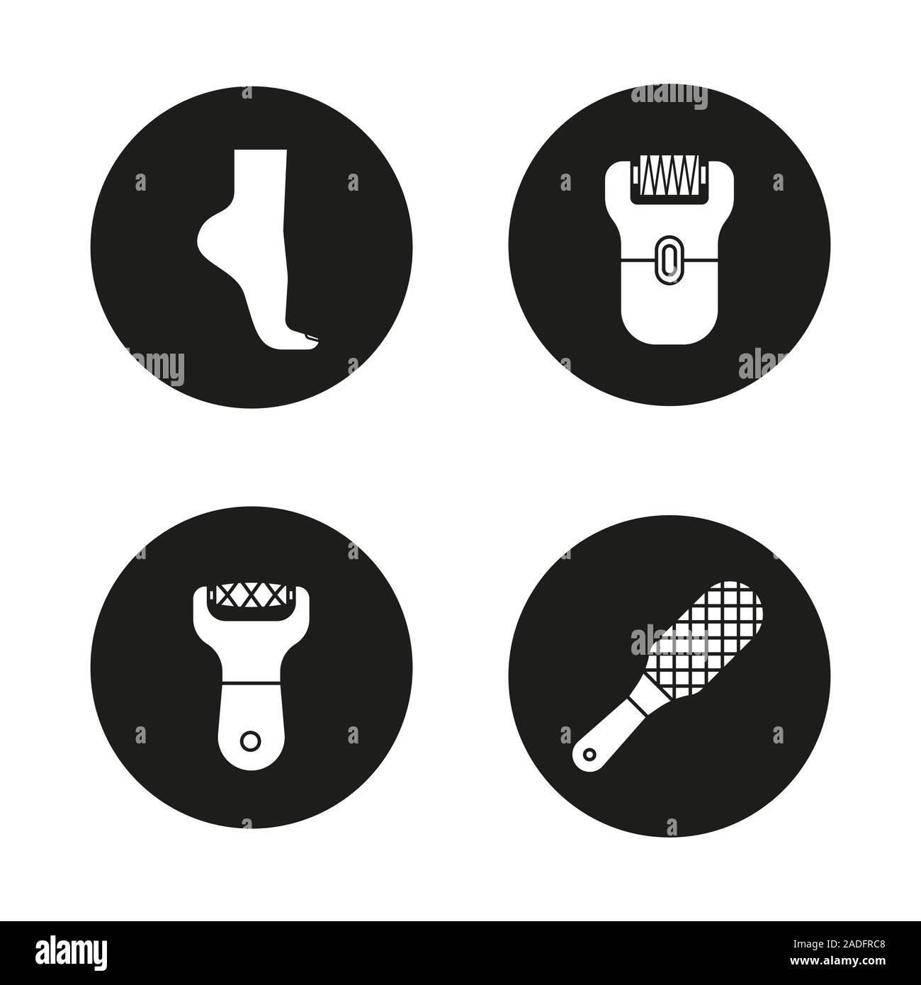 Feet care icons set. Woman's foot, file, rasp, epilator. Vector white ...