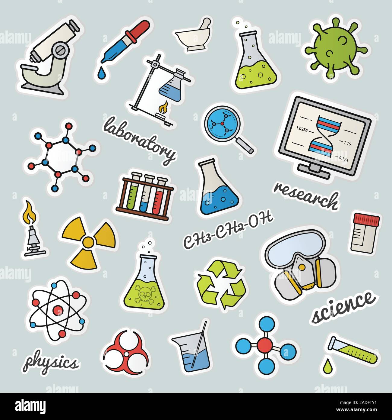 Chemical lab patches. Science. Color stickers, pins and badges set. Gas