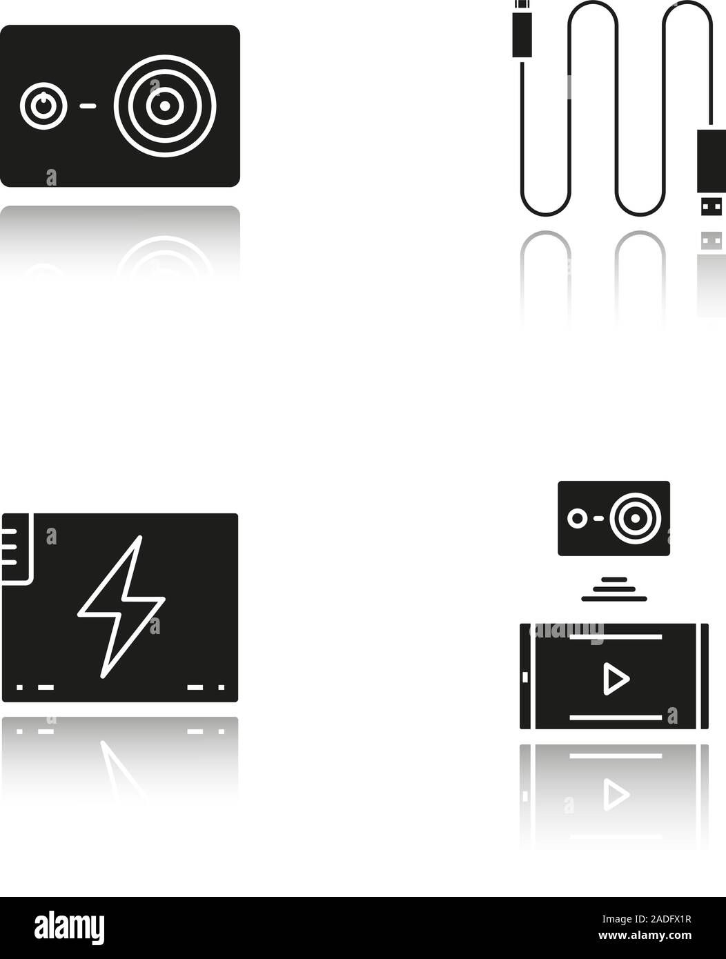 Action camera drop shadow black icons set. Mini USB cable, battery ...
