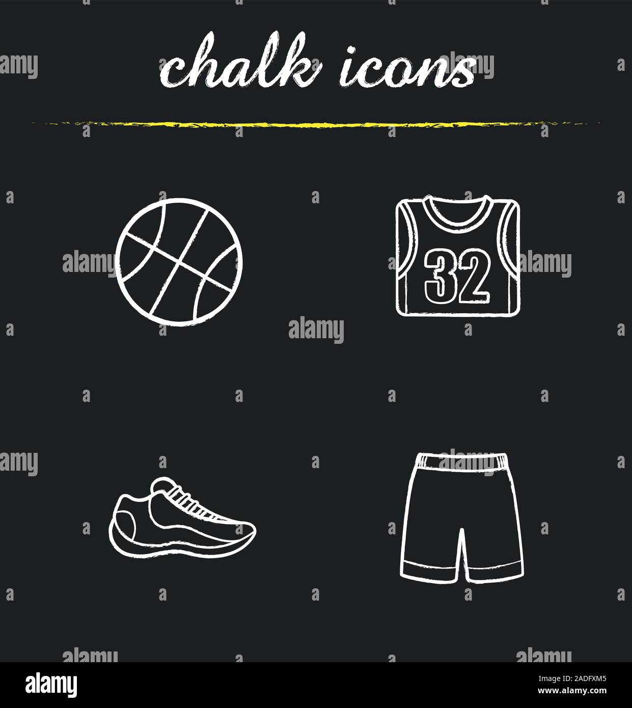 Basketball chalk icons set. Ball, shoe, tshirt, shorts. Basketball