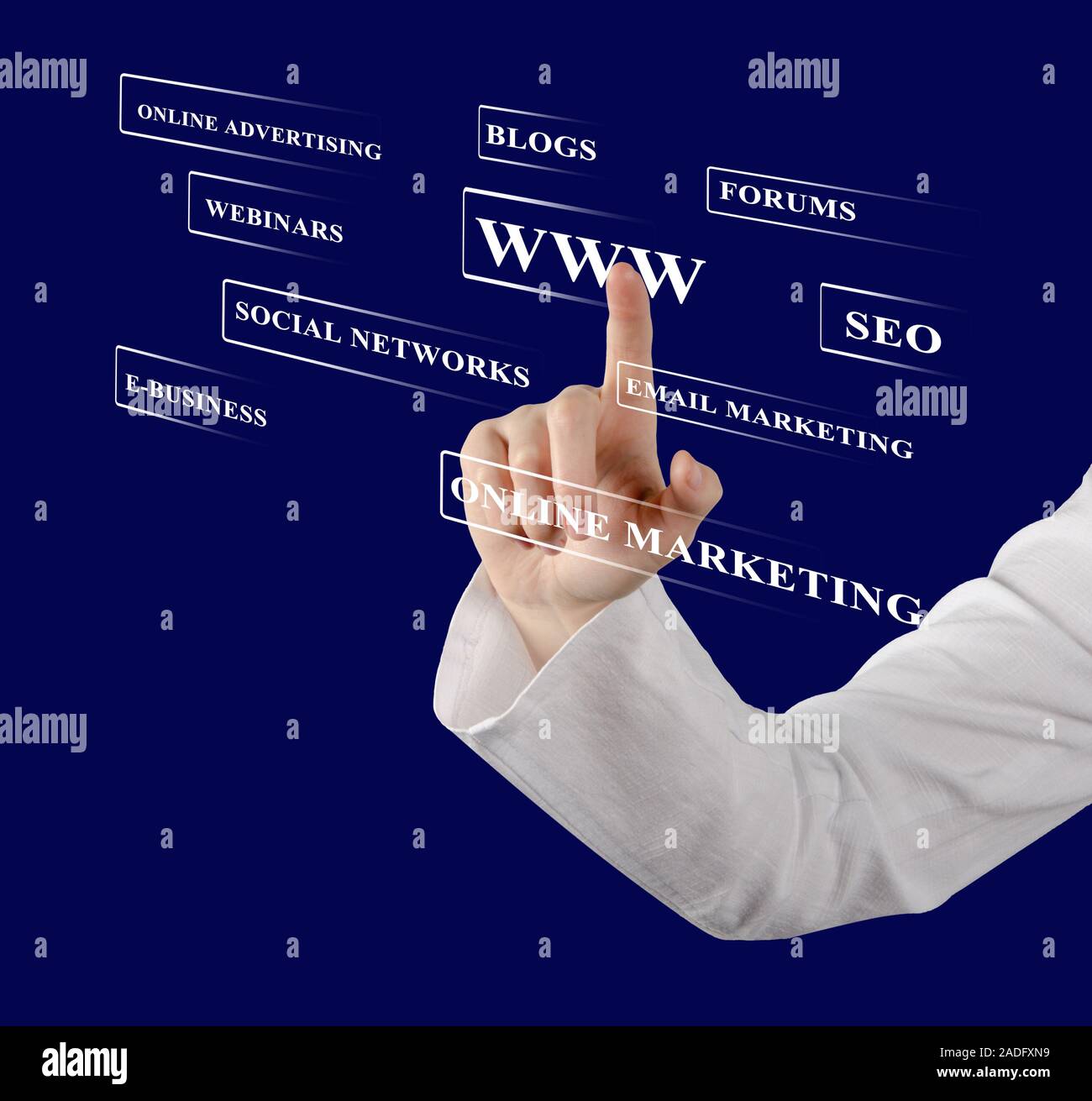 Businessman pressing business type of modern buttons with virtual background Stock Photo