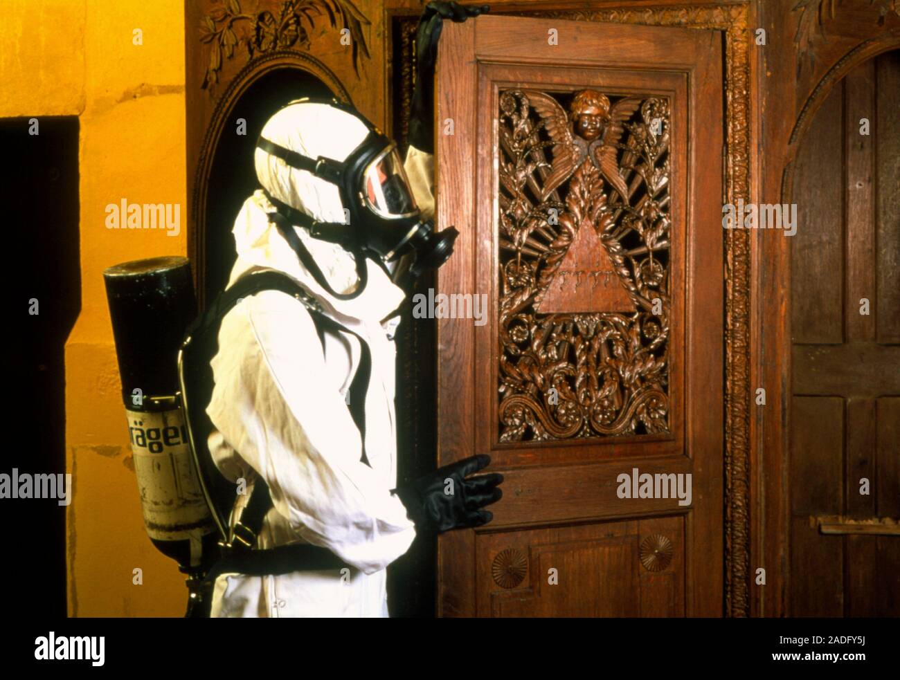 Termite fumigation. Female technician wearing protective clothing and a