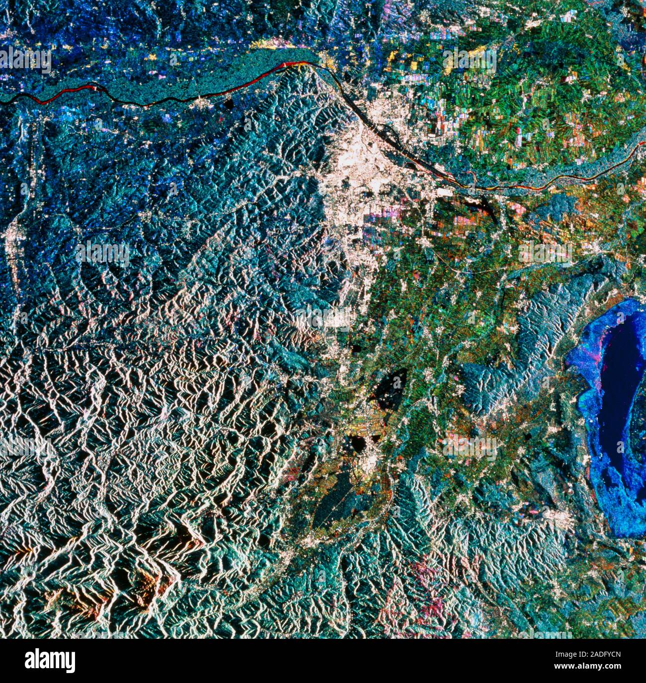 Vienna. Coloured radar satellite image of Vienna (white), capital of