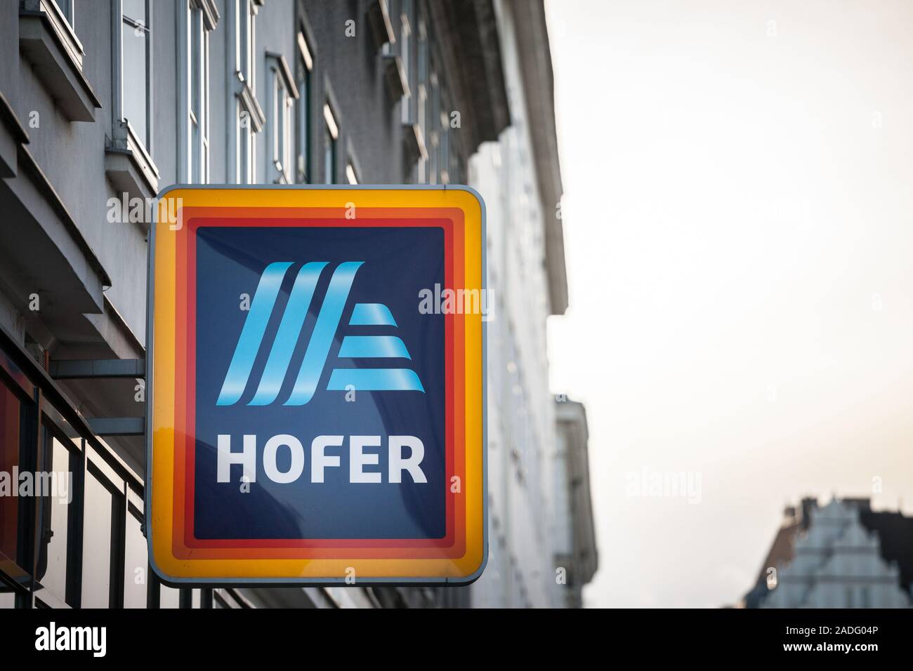 VIENNA, AUSTRIA - NOVEMBER 6, 2019: Hofer Supermarkets logo in front of one of their retail places in Vienna. Hofer is the Austrian franchise of Aldi Stock Photo