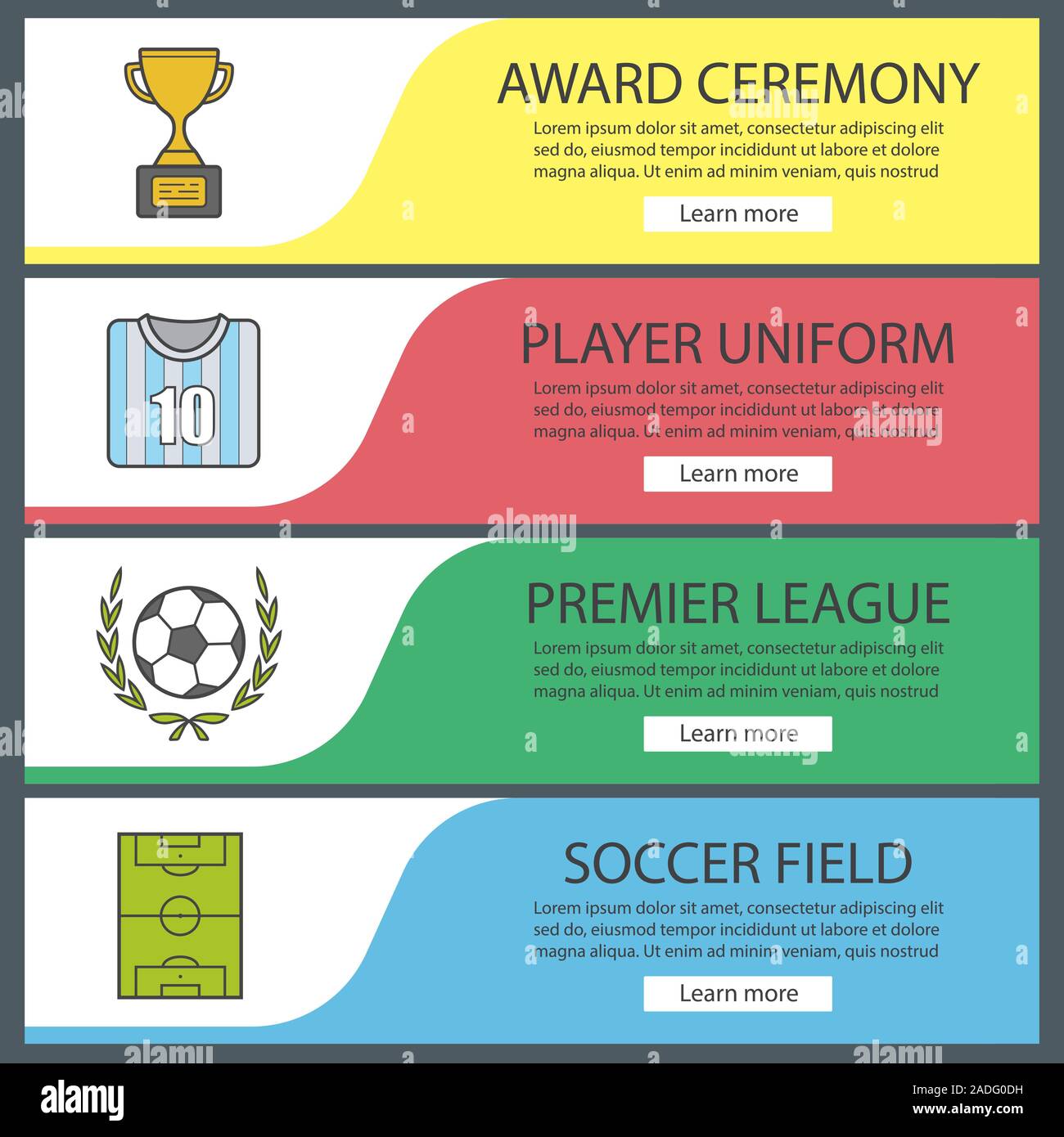 Soccer banner templates set. Football player uniform, winner Soccer banner templates set. Football player uniform, winner