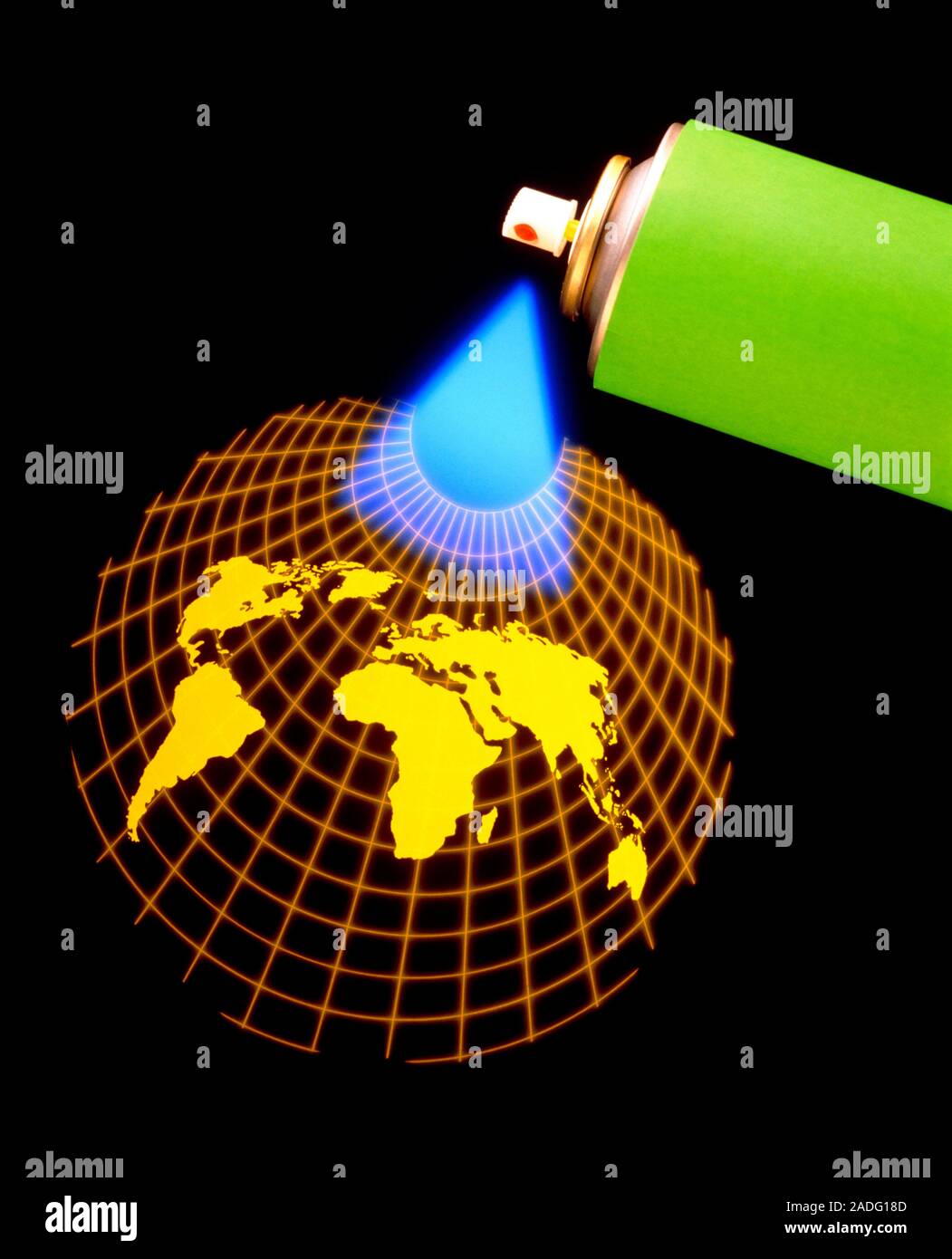 Montage showing aerosol can spraying the world. Aerosol sprays are