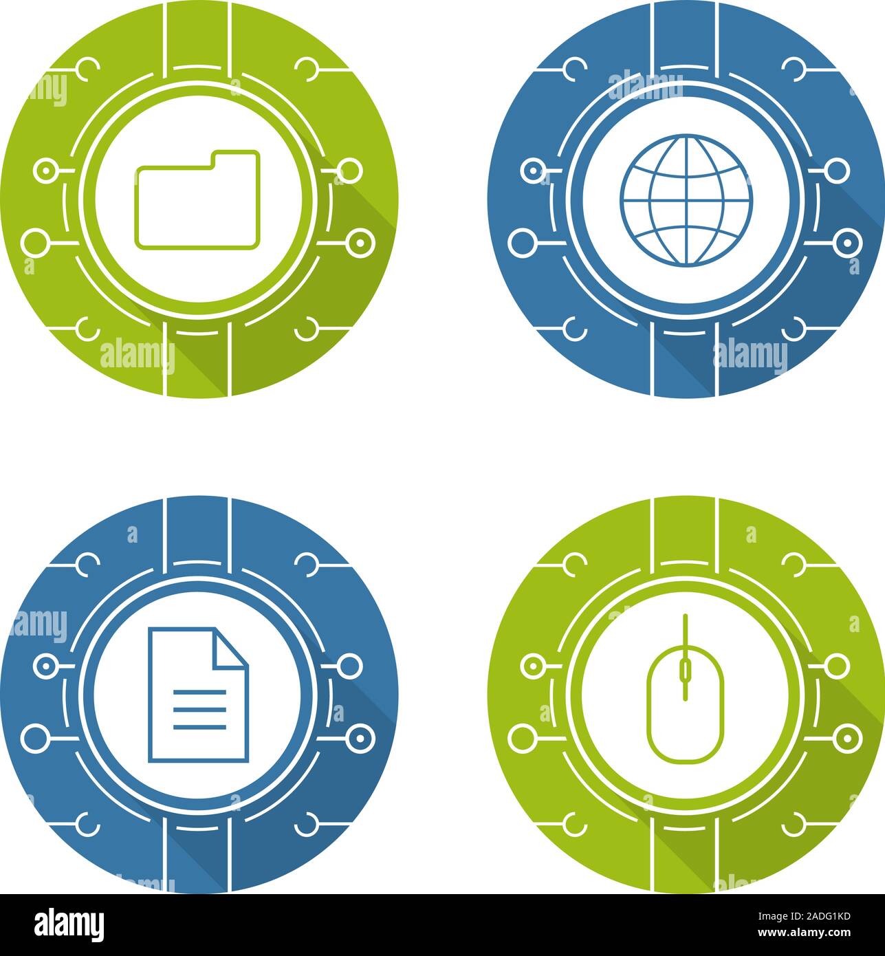 Cyber technology flat design long shadow icons set. Cloud computing. Worldwide network, digital storage, web document, network access. Vector silhouet Stock Vector