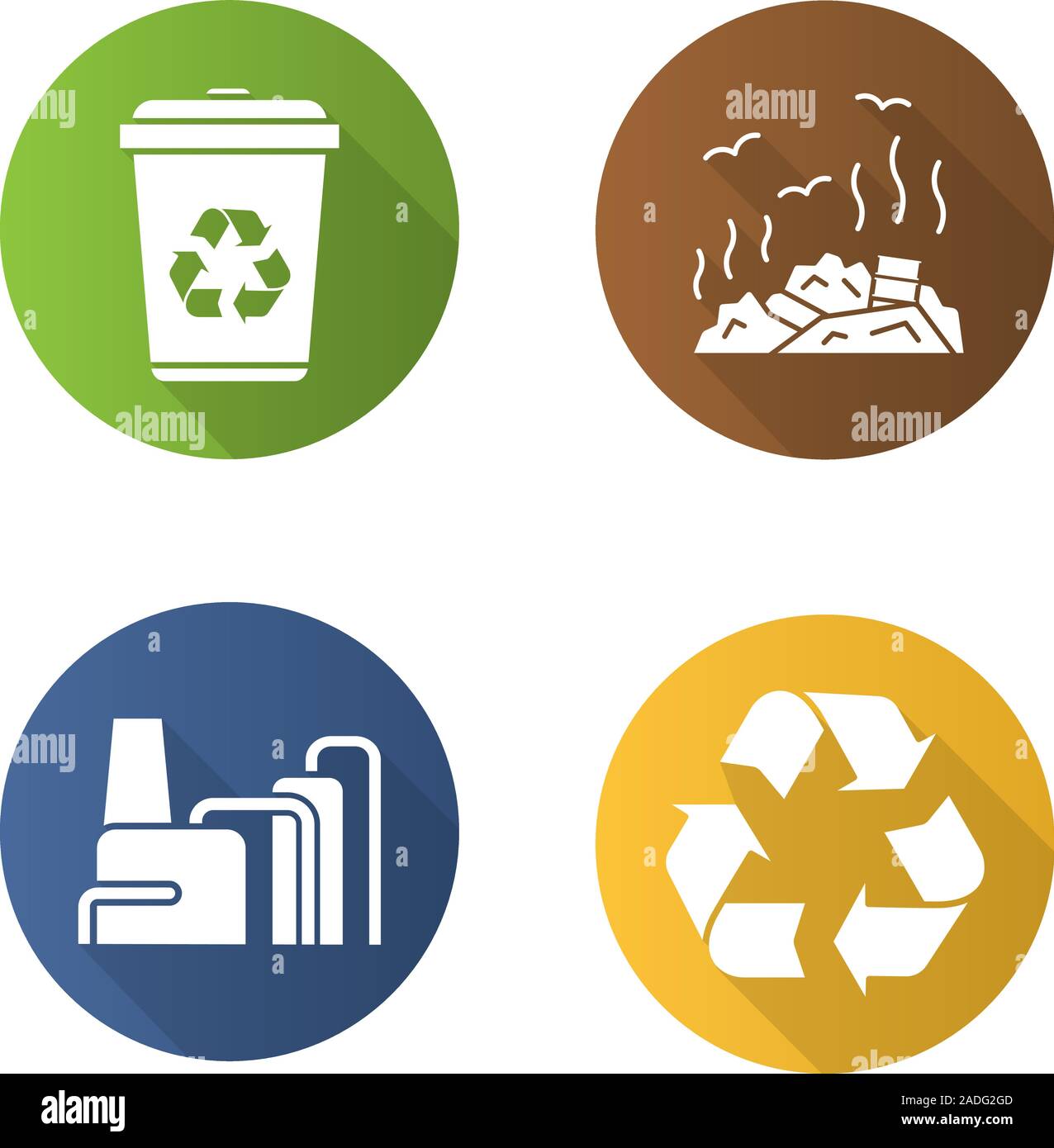 Waste management. Flat design long shadow icons set. Recycle bin symbol