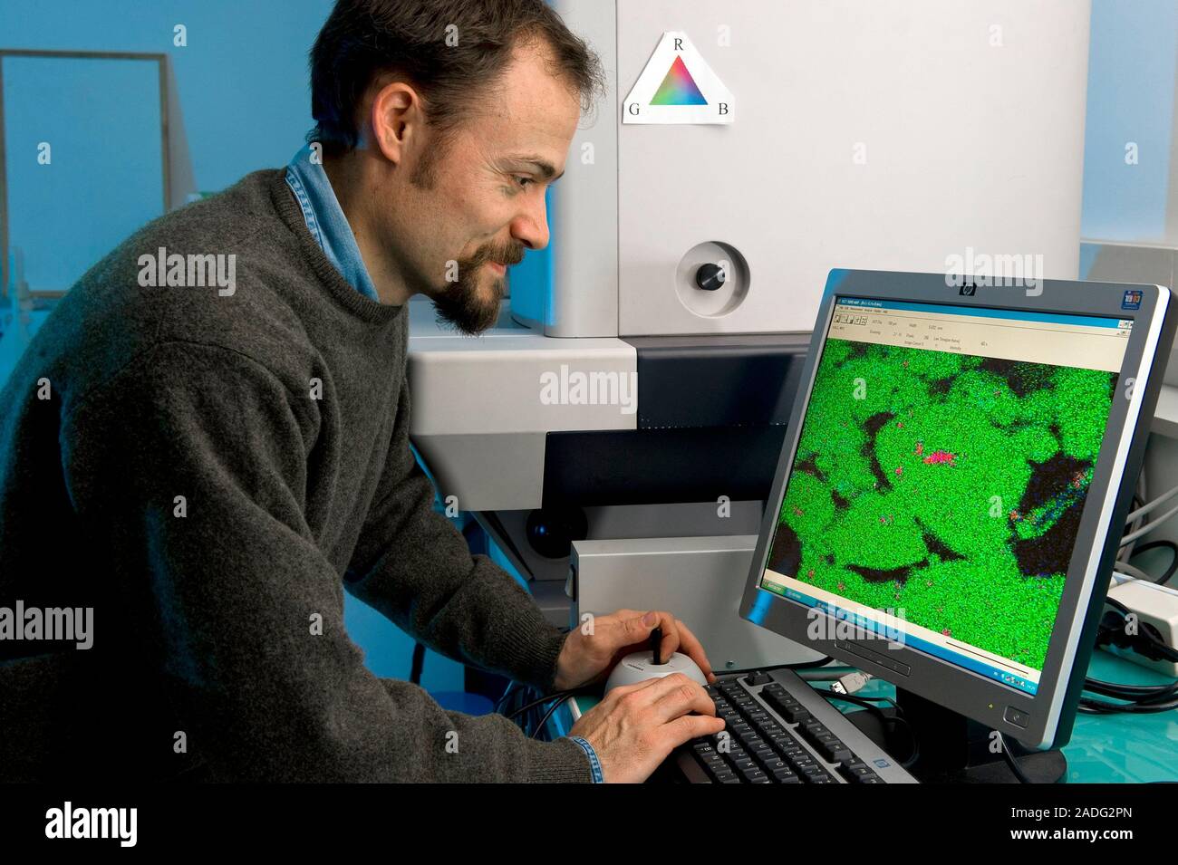 Nanomaterials pollution researcher using computer equipment to analyse