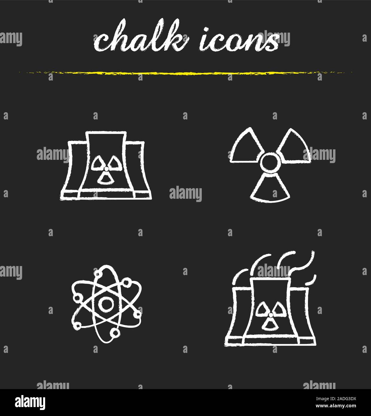 Atomic energy chalk icons set. Nuclear power plant with smoke, radiation and atom symbols. Isolated vector chalkboard illustrations Stock Vector