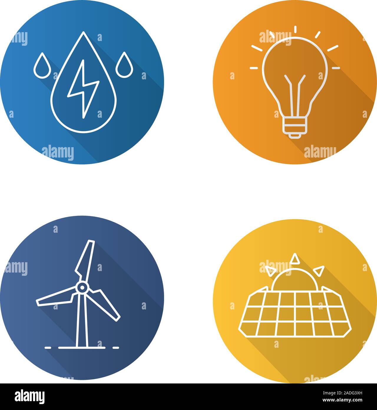 Eco energy flat linear long shadow icons set. Solar panels, windmill ...