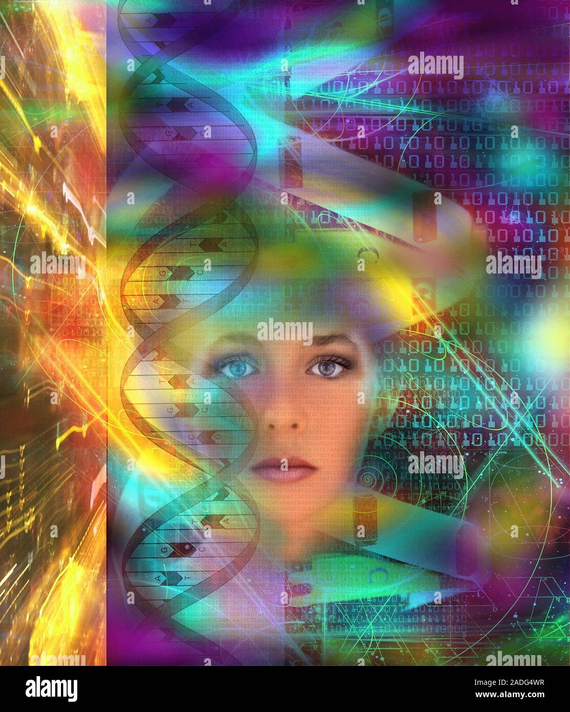 Genetic code. Conceptual computer artwork of a DNA double helix (centre ...