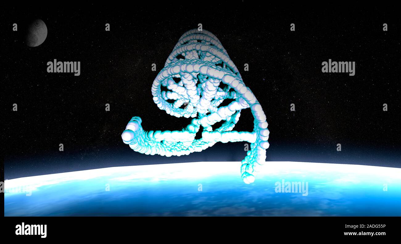 DNA in space. Computer artwork of a DNA double helix in space above ...
