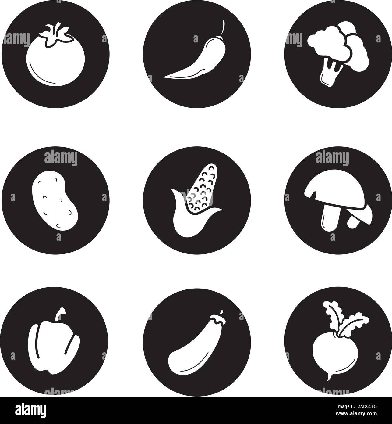 Vegetables icons set. Tomato, hot chili pepper, broccoli, potato, corn, mushrooms, beetroot, paprika, eggplant, maize, turnip. Vector white silhouette Stock Vector
