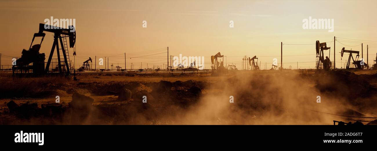 Oil drills in a field, Maricopa, Kern County, California, USA Stock Photo