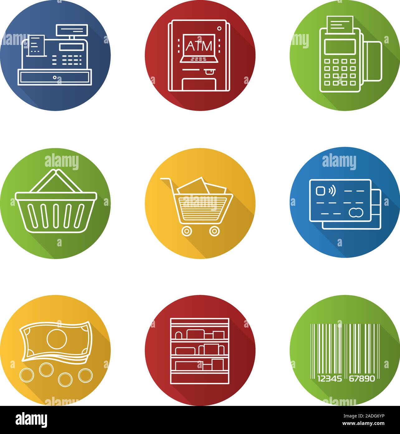 Supermarket flat linear long shadow icons set. Pos terminal, cash ...