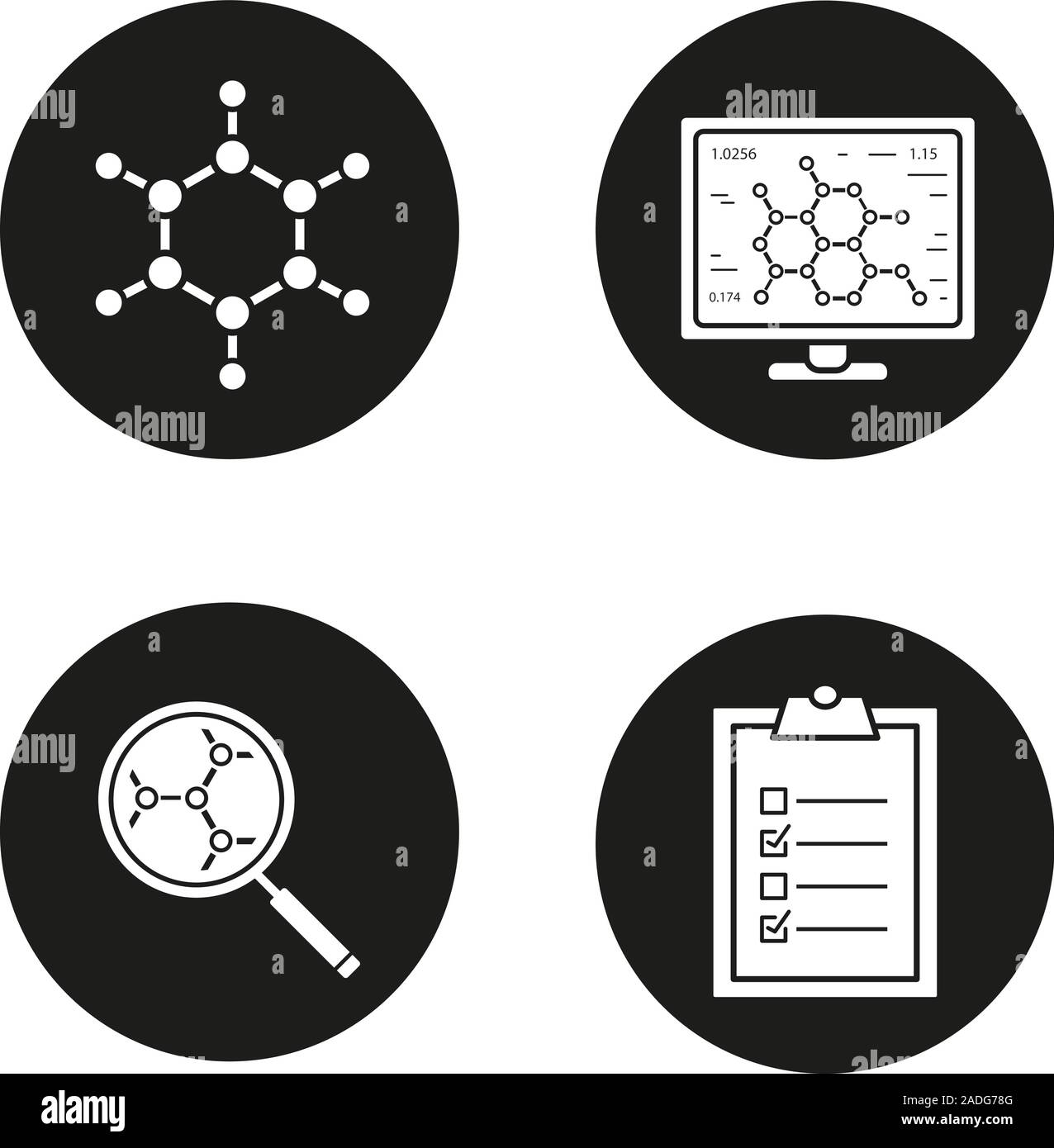 Science laboratory icons set. Molecule, laboratory computer, molecular structure analysis, tests checklist. Vector white silhouettes illustrations in Stock Vector